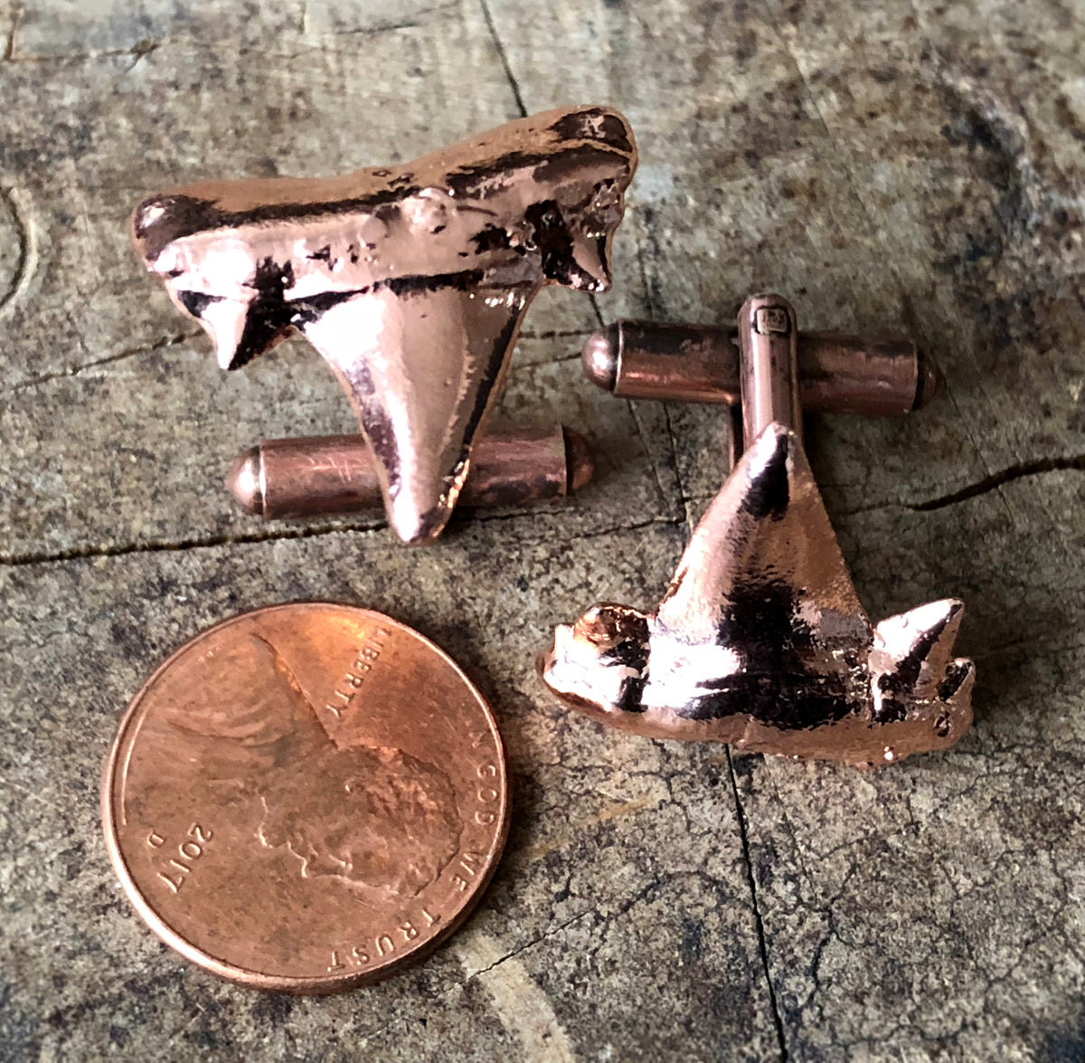 Discover a World of Endless Possibilities with Copper Plated Fossil Shark  Tooth Cufflinks, electroformed copper Well Done Goods